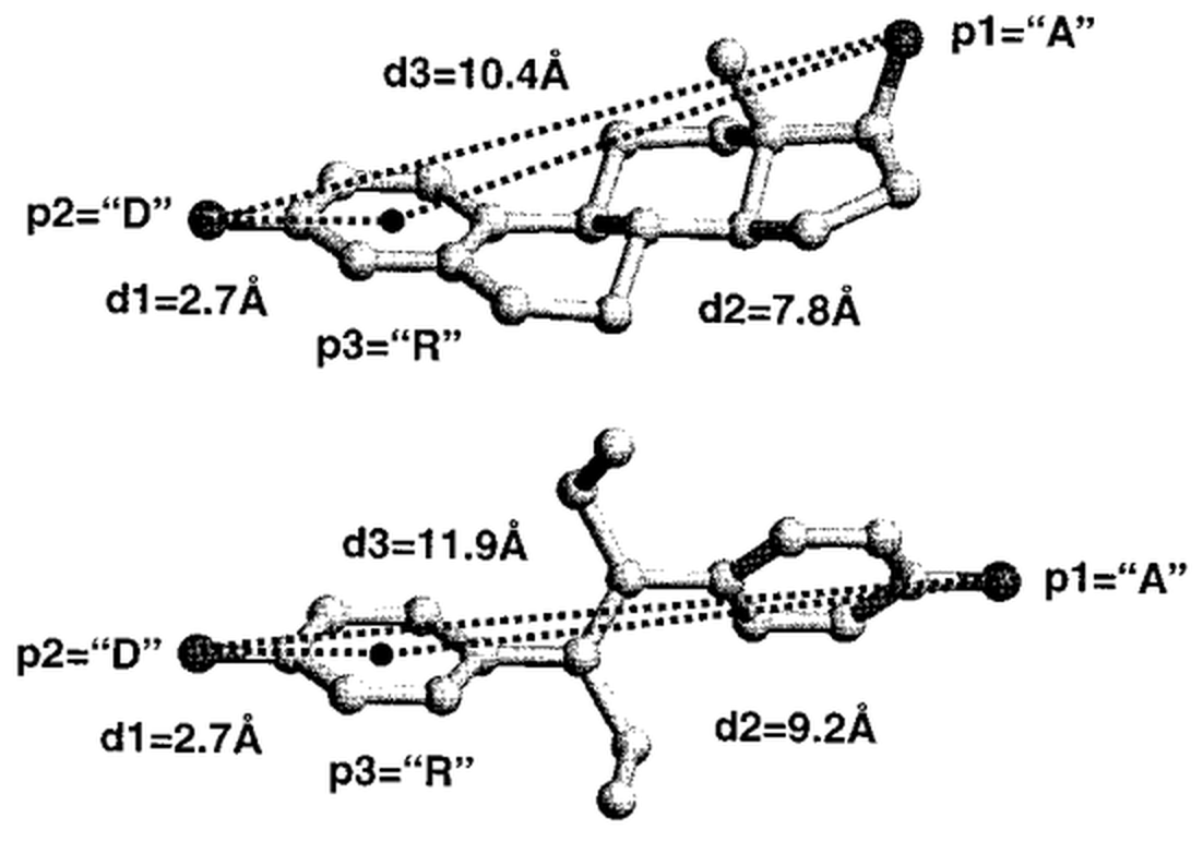 Two different molecules, each shown in three dimensions with the same acceptor, donor and ring features picked out and the three inter-feature distances measured between them.